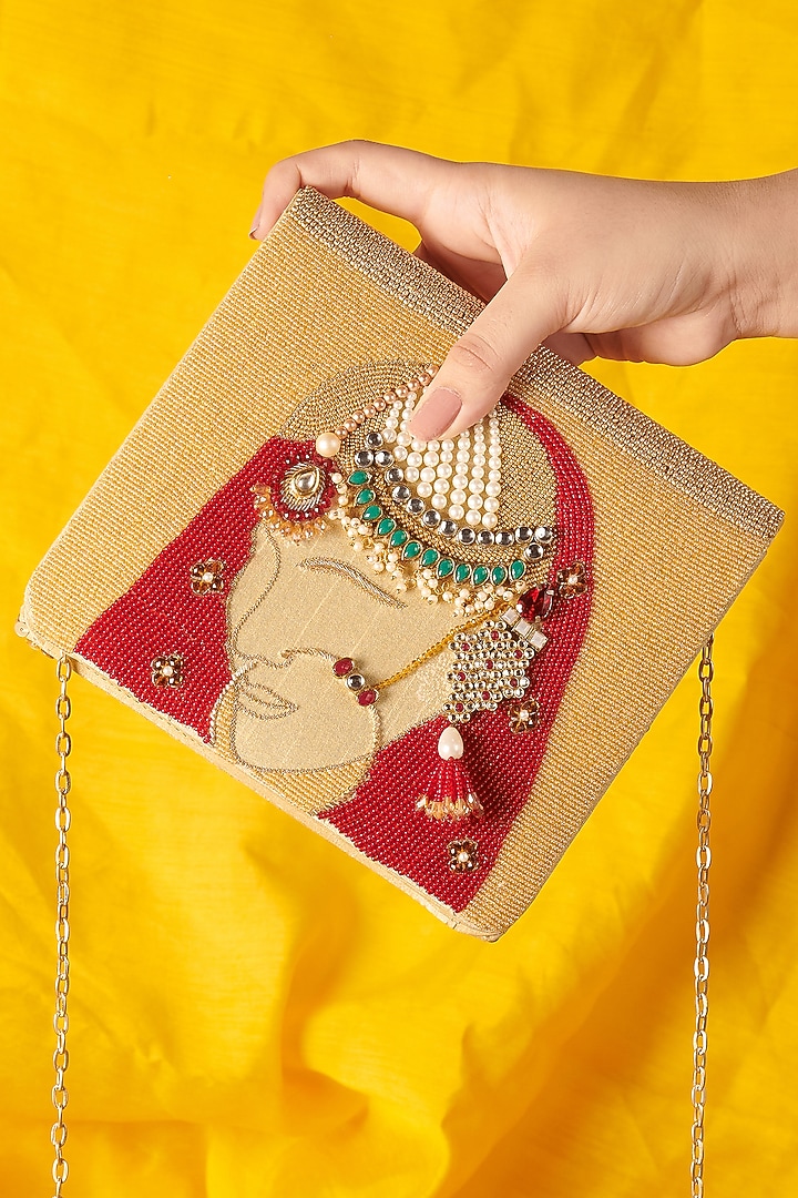 Beige Raw Silk Hand Embroidered Handcrafted Clutch by The Purple Sack at Pernia's Pop Up Shop
