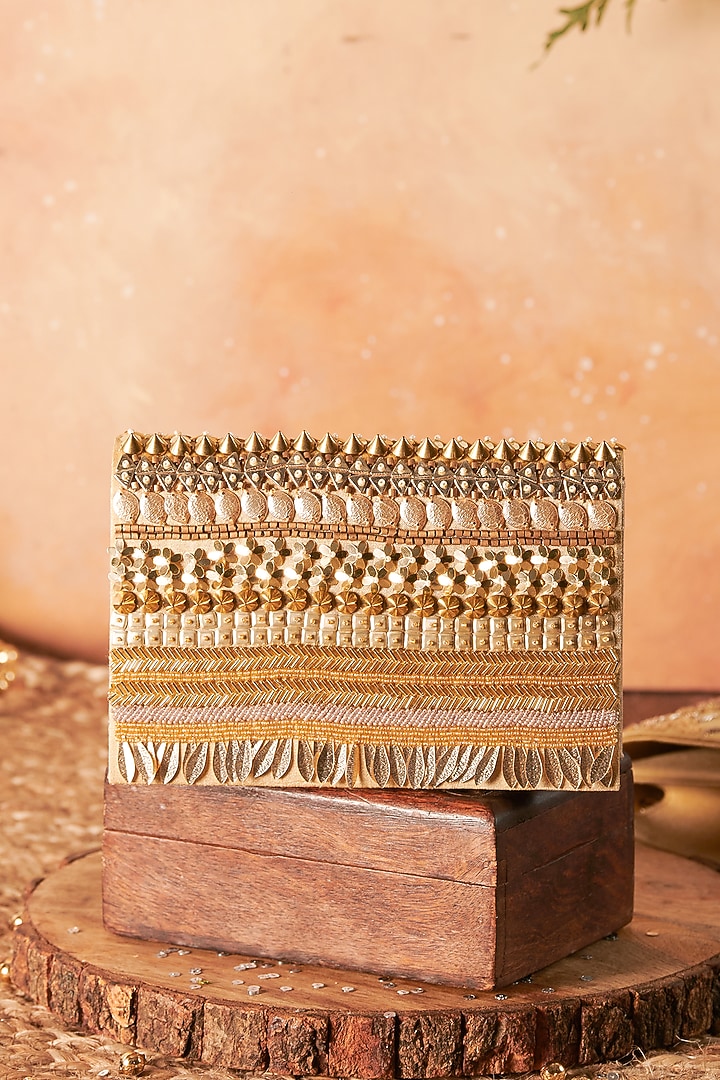 Golden Raw Silk Hand Embroidered Handcrafted Clutch by The Purple Sack at Pernia's Pop Up Shop