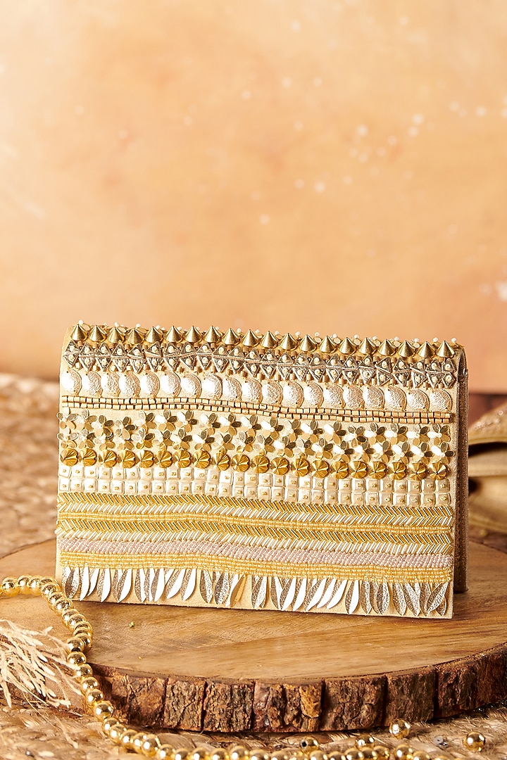 Golden Raw Silk Hand Embroidered Handcrafted Clutch by The Purple Sack at Pernia's Pop Up Shop