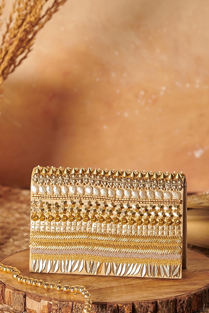 Golden Raw Silk Hand Embroidered Handcrafted Clutch by The Purple Sack at Pernia's Pop Up Shop