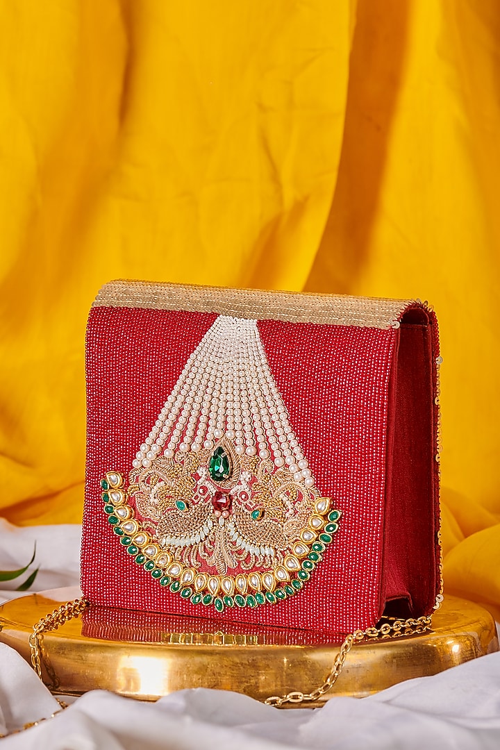 Red Raw Silk Hand Embroidered Handcrafted Clutch by The Purple Sack at Pernia's Pop Up Shop