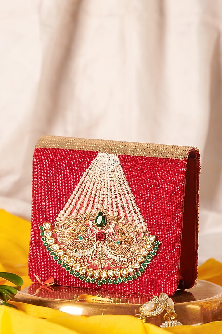 Red Raw Silk Hand Embroidered Handcrafted Clutch by The Purple Sack at Pernia's Pop Up Shop