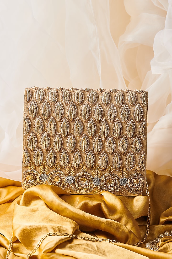Golden Raw Silk Hand Embroidered Handcrafted Clutch by The Purple Sack at Pernia's Pop Up Shop