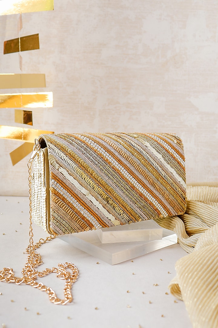 Golden Raw Silk Hand Embroidered Handcrafted Clutch by The Purple Sack at Pernia's Pop Up Shop