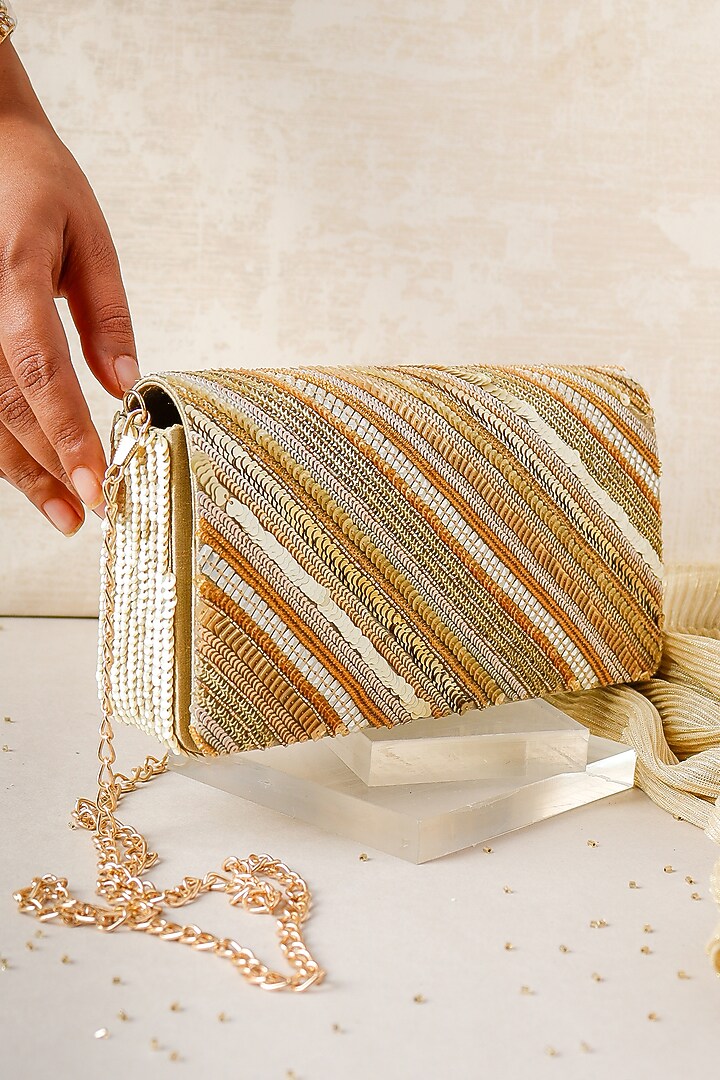 Golden Raw Silk Hand Embroidered Handcrafted Clutch by The Purple Sack at Pernia's Pop Up Shop
