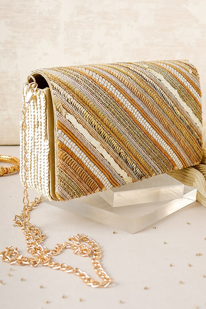 Golden Raw Silk Hand Embroidered Handcrafted Clutch by The Purple Sack at Pernia's Pop Up Shop