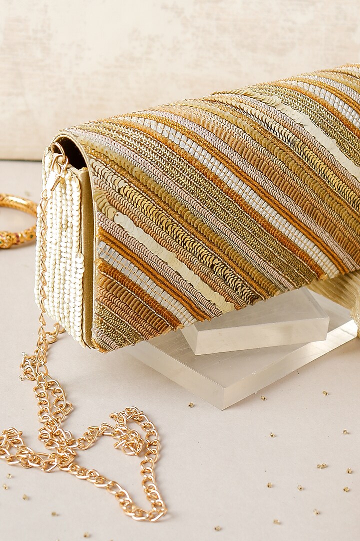Golden Raw Silk Hand Embroidered Handcrafted Clutch by The Purple Sack at Pernia's Pop Up Shop
