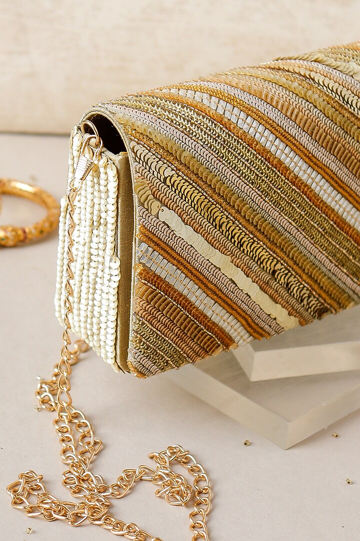 Golden Raw Silk Hand Embroidered Handcrafted Clutch by The Purple Sack at Pernia's Pop Up Shop