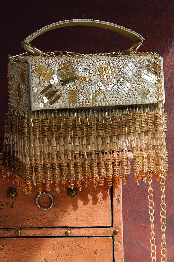 Golden Raw Silk Hand Embroidered Handcrafted Clutch by The Purple Sack at Pernia's Pop Up Shop