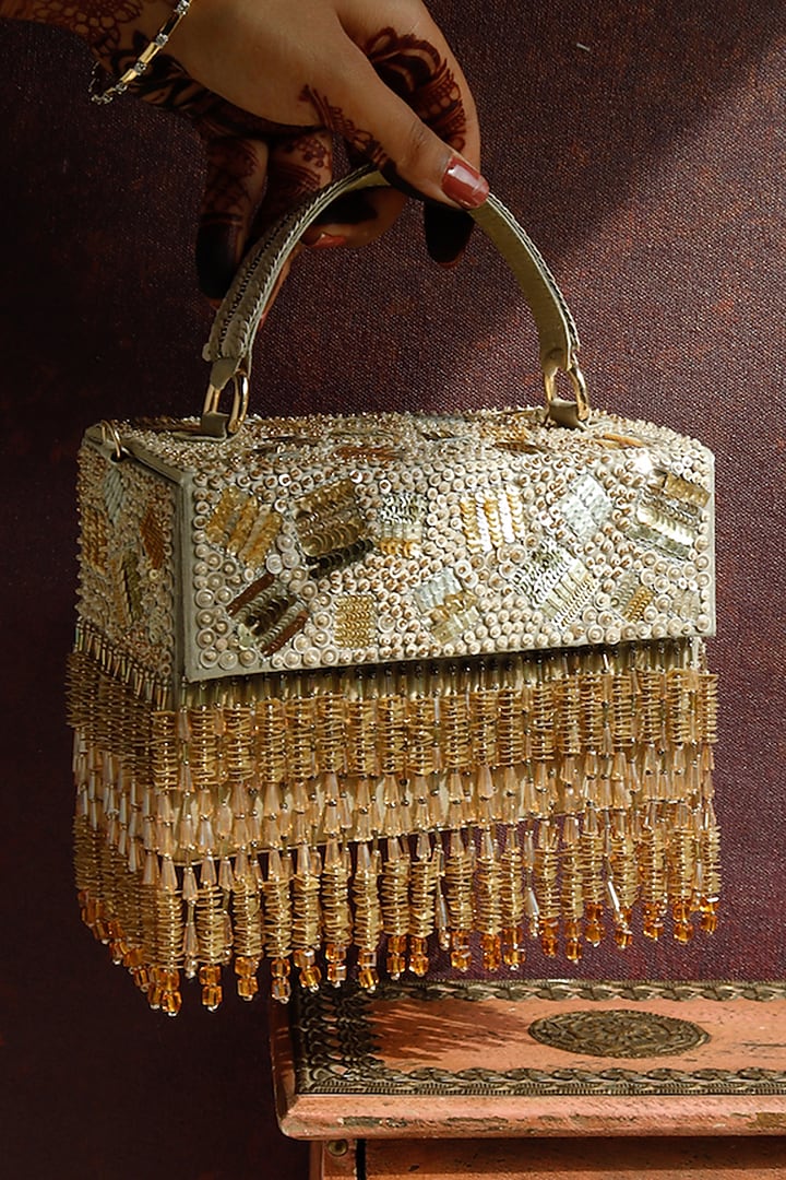 Golden Raw Silk Hand Embroidered Handcrafted Clutch by The Purple Sack at Pernia's Pop Up Shop