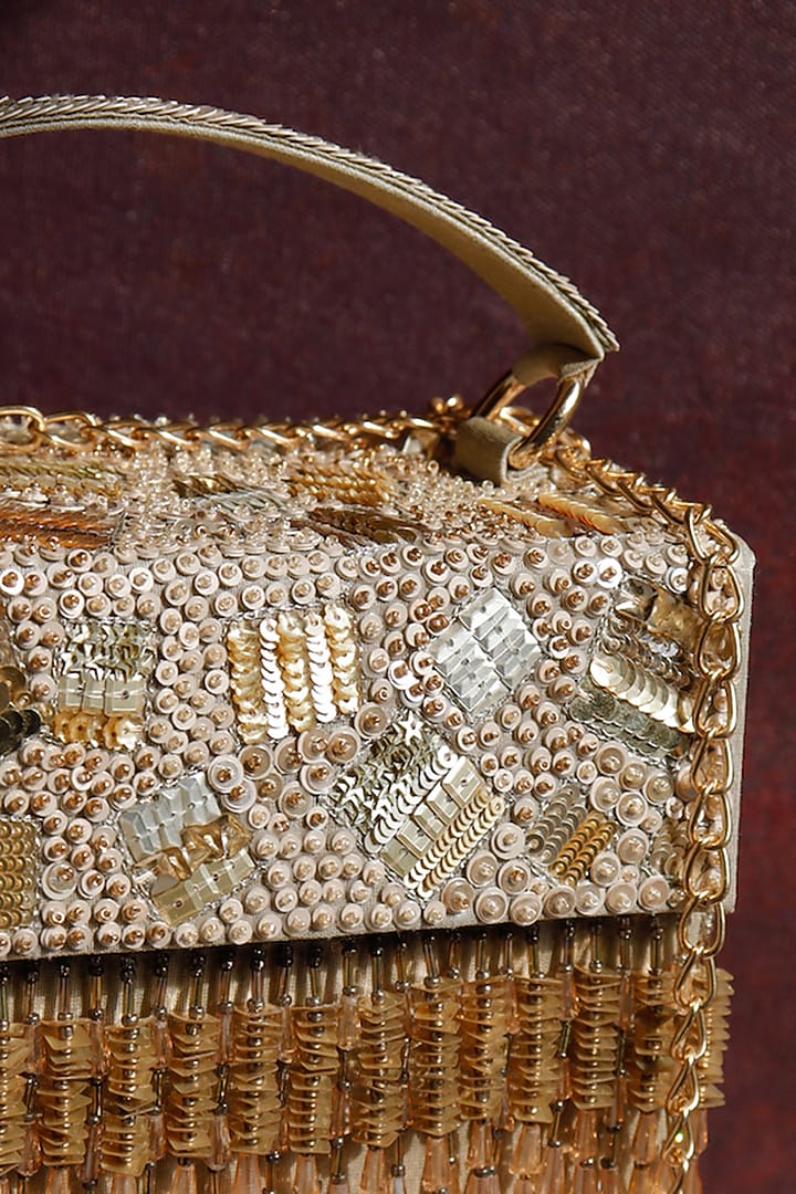 Golden Raw Silk Hand Embroidered Handcrafted Clutch by The Purple Sack at Pernia's Pop Up Shop