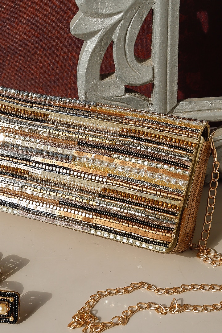 Golden Raw Silk Hand Embroidered Handcrafted Clutch by The Purple Sack at Pernia's Pop Up Shop