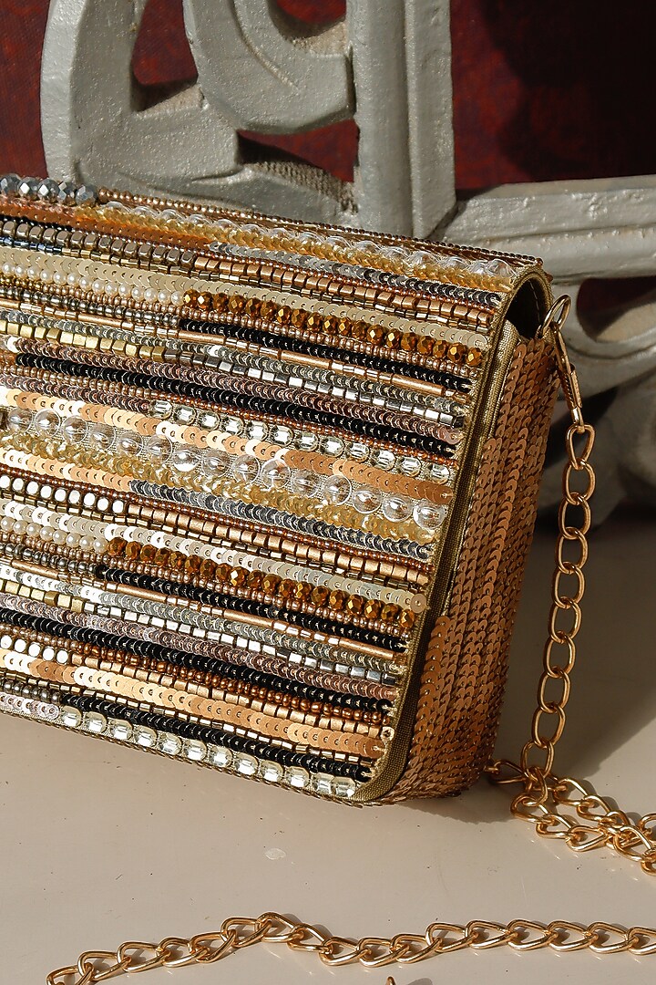 Golden Raw Silk Hand Embroidered Handcrafted Clutch by The Purple Sack at Pernia's Pop Up Shop