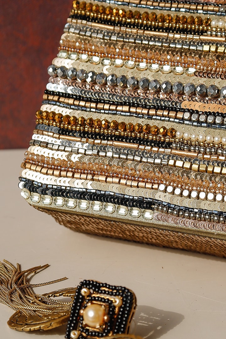 Golden Raw Silk Hand Embroidered Handcrafted Clutch by The Purple Sack at Pernia's Pop Up Shop