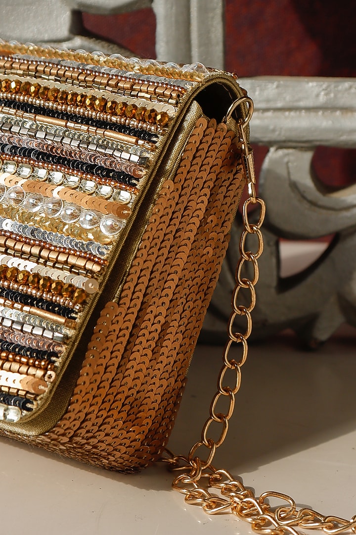 Golden Raw Silk Hand Embroidered Handcrafted Clutch by The Purple Sack at Pernia's Pop Up Shop