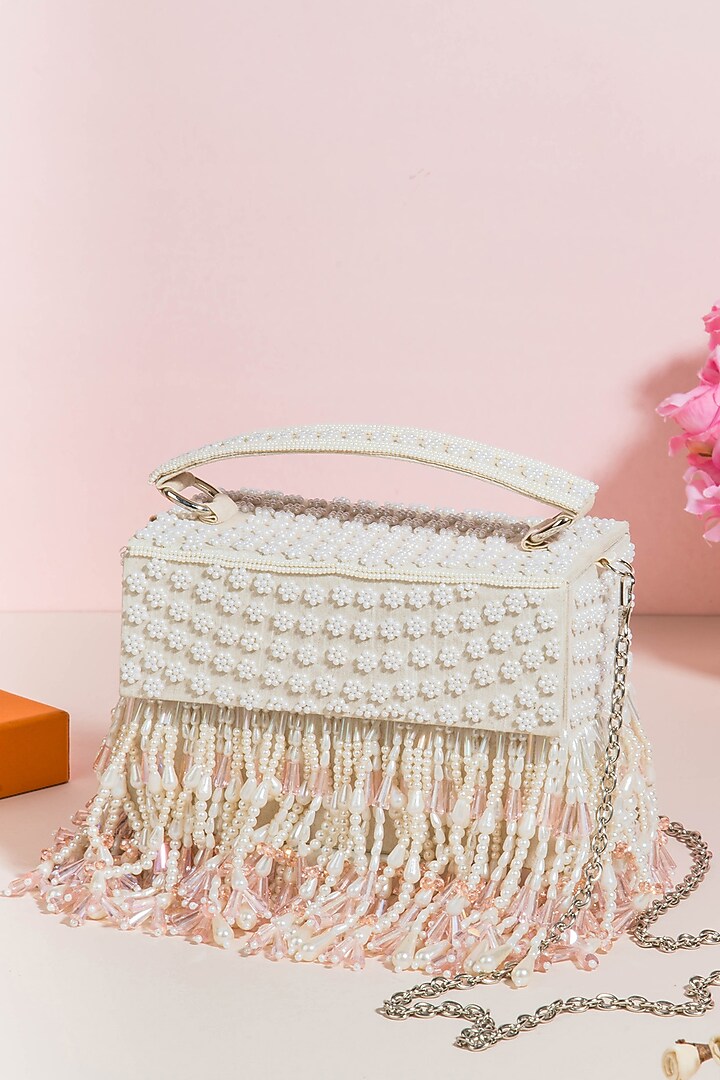 White Raw Silk Hand Embroidered Handcrafted Clutch by The Purple Sack at Pernia's Pop Up Shop