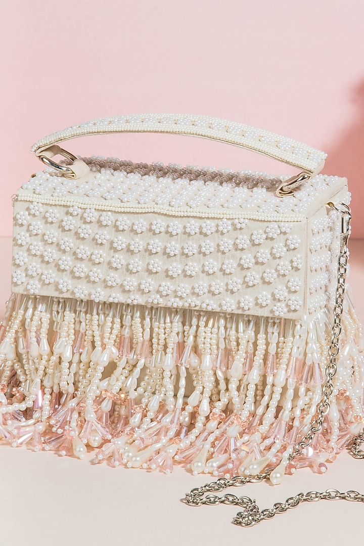 White Raw Silk Hand Embroidered Handcrafted Clutch by The Purple Sack at Pernia's Pop Up Shop