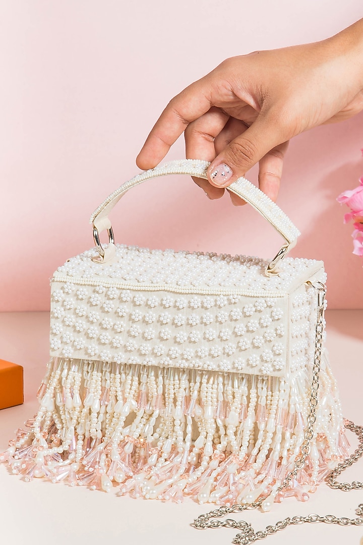 White Raw Silk Hand Embroidered Handcrafted Clutch by The Purple Sack at Pernia's Pop Up Shop
