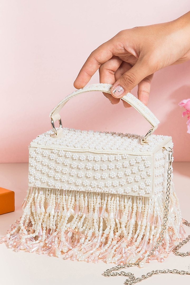 White Raw Silk Hand Embroidered Handcrafted Clutch by The Purple Sack at Pernia's Pop Up Shop