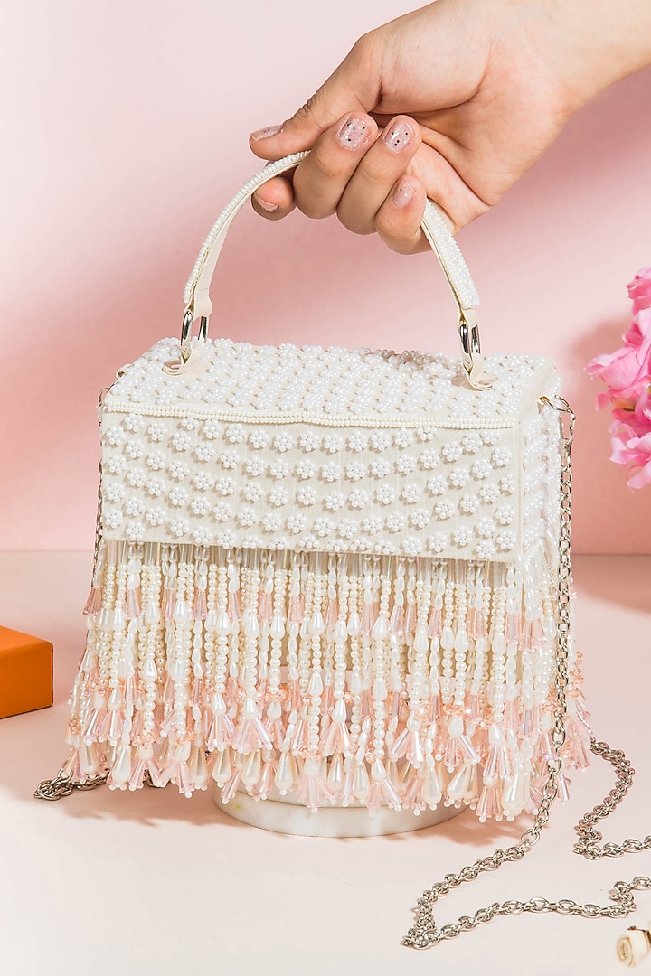 White Raw Silk Hand Embroidered Handcrafted Clutch by The Purple Sack at Pernia's Pop Up Shop