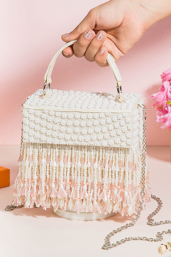 White Raw Silk Hand Embroidered Handcrafted Clutch by The Purple Sack at Pernia's Pop Up Shop
