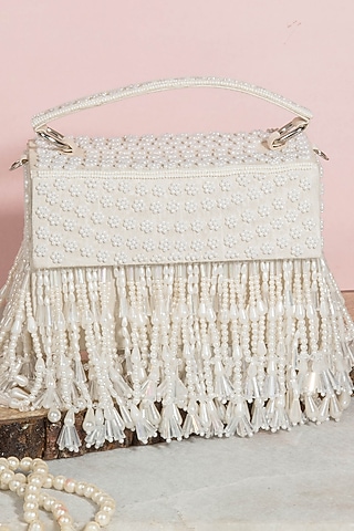 White Raw Silk Hand Embroidered Handcrafted Clutch by The Purple Sack