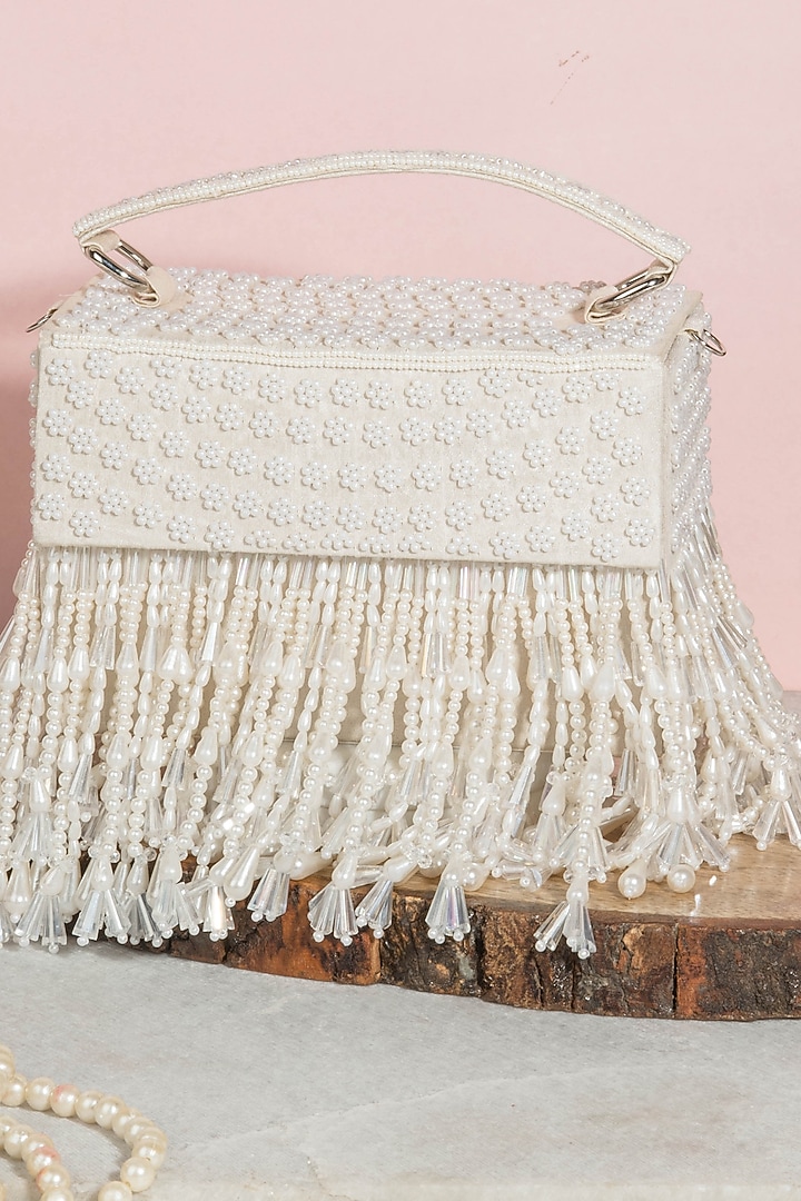 White Raw Silk Hand Embroidered Handcrafted Clutch by The Purple Sack at Pernia's Pop Up Shop