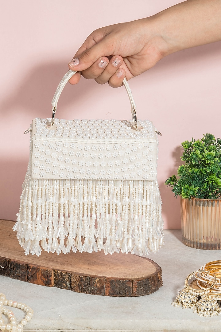White Raw Silk Hand Embroidered Handcrafted Clutch by The Purple Sack at Pernia's Pop Up Shop