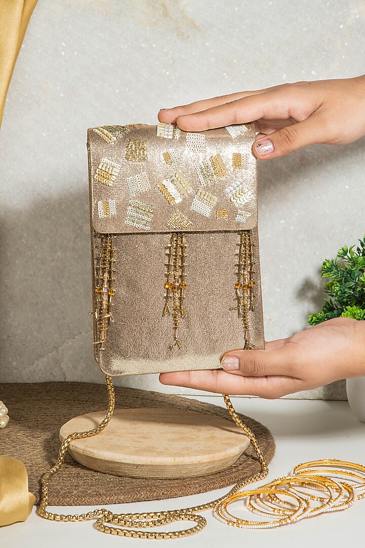 Golden Raw Silk Hand Embroidered Handcrafted Clutch by The Purple Sack at Pernia's Pop Up Shop