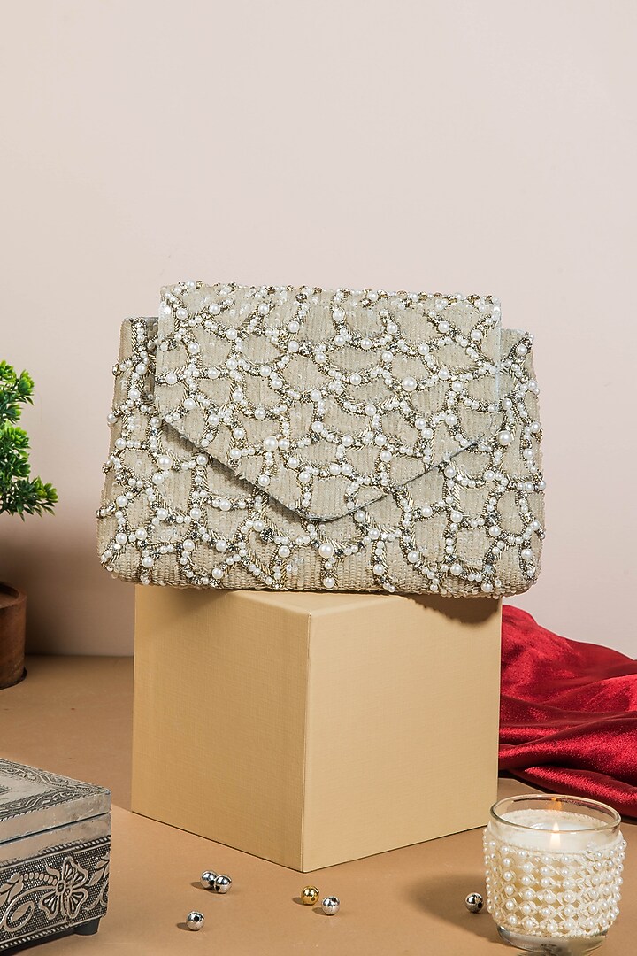 Silver Raw Silk Hand Embroidered Handcrafted Clutch by The Purple Sack at Pernia's Pop Up Shop