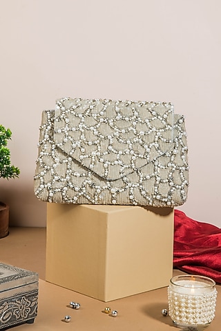 Silver Raw Silk Hand Embroidered Handcrafted Clutch by The Purple Sack