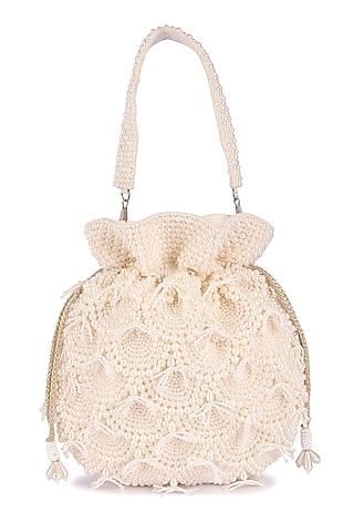 White Raw Silk Hand Embroidered Potli by The Purple Sack