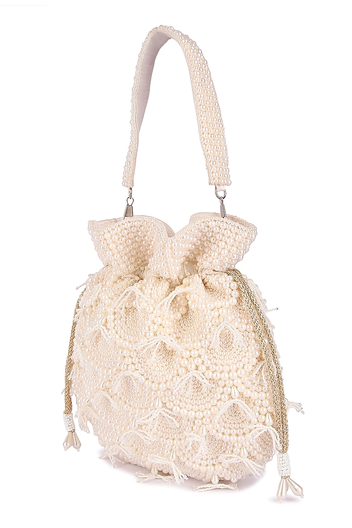 White Raw Silk Hand Embroidered Potli by The Purple Sack at Pernia's Pop Up Shop