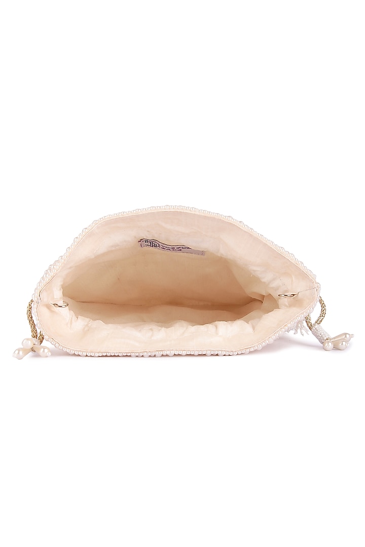 White Raw Silk Hand Embroidered Potli by The Purple Sack at Pernia's Pop Up Shop