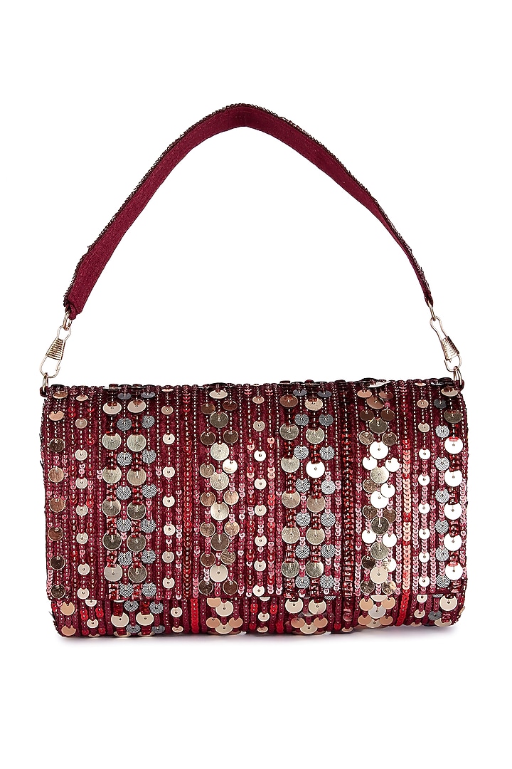Maroon Raw Silk Hand Embroidered Clutch by The Purple Sack at Pernia's Pop Up Shop