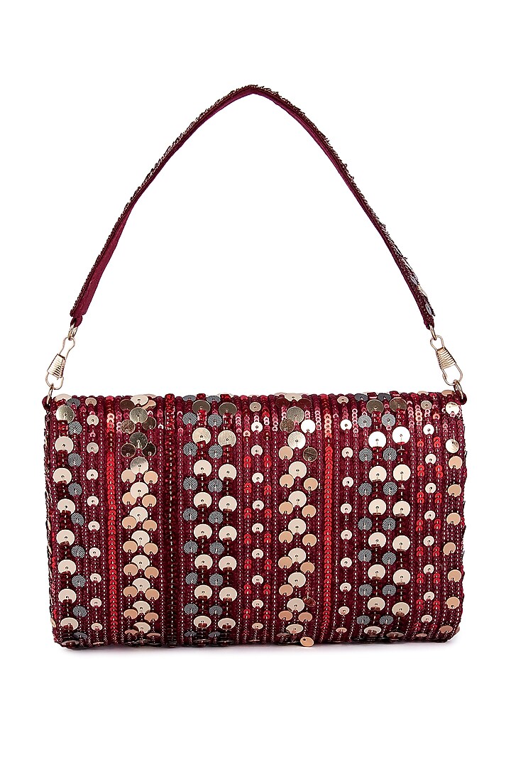 Maroon Raw Silk Hand Embroidered Clutch by The Purple Sack at Pernia's Pop Up Shop