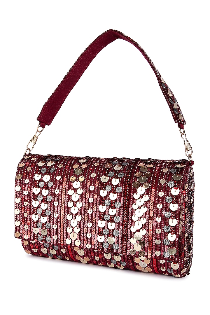 Maroon Raw Silk Hand Embroidered Clutch by The Purple Sack at Pernia's Pop Up Shop