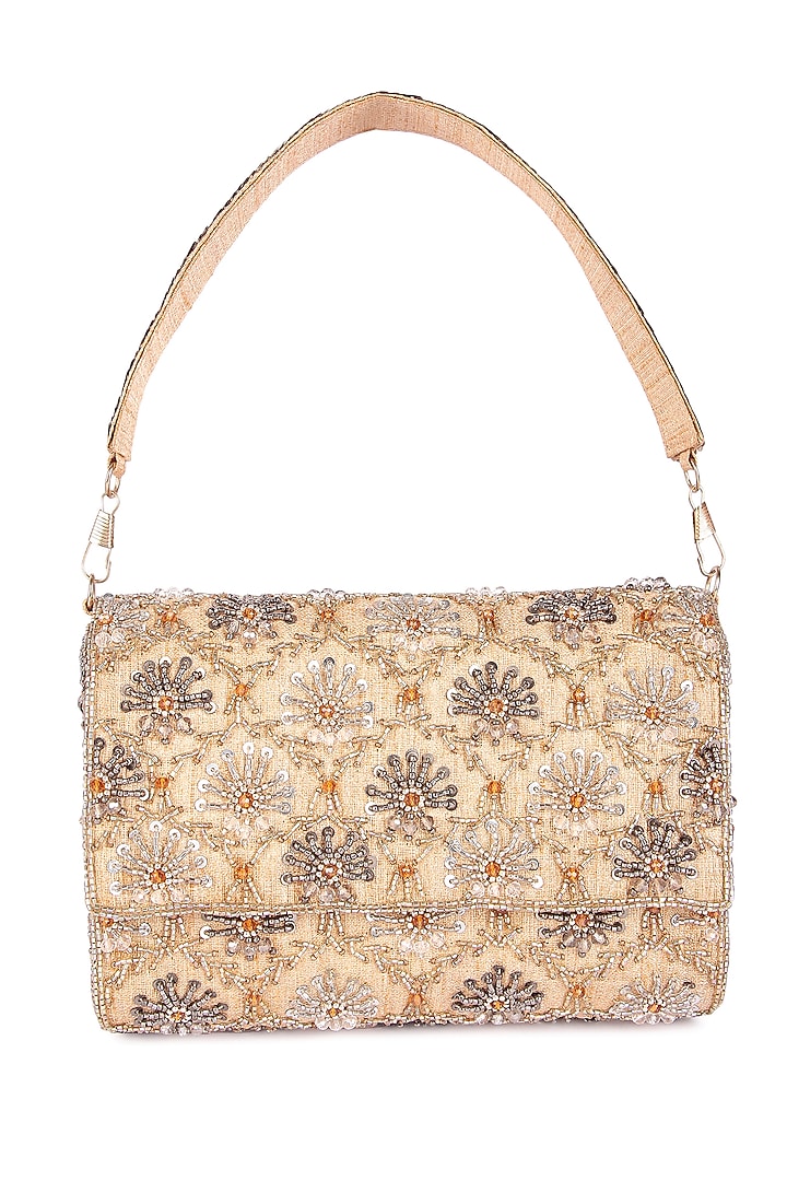 Golden Raw Silk Hand Embroidered Clutch by The Purple Sack at Pernia's Pop Up Shop