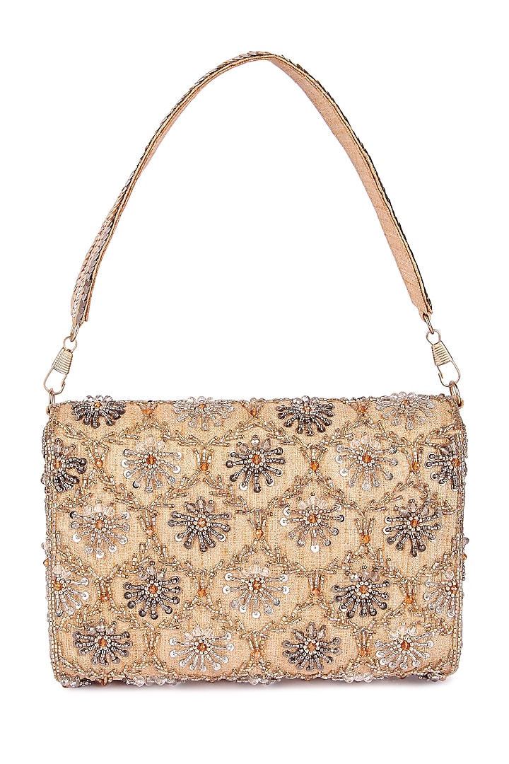 Golden Raw Silk Hand Embroidered Clutch by The Purple Sack at Pernia's Pop Up Shop