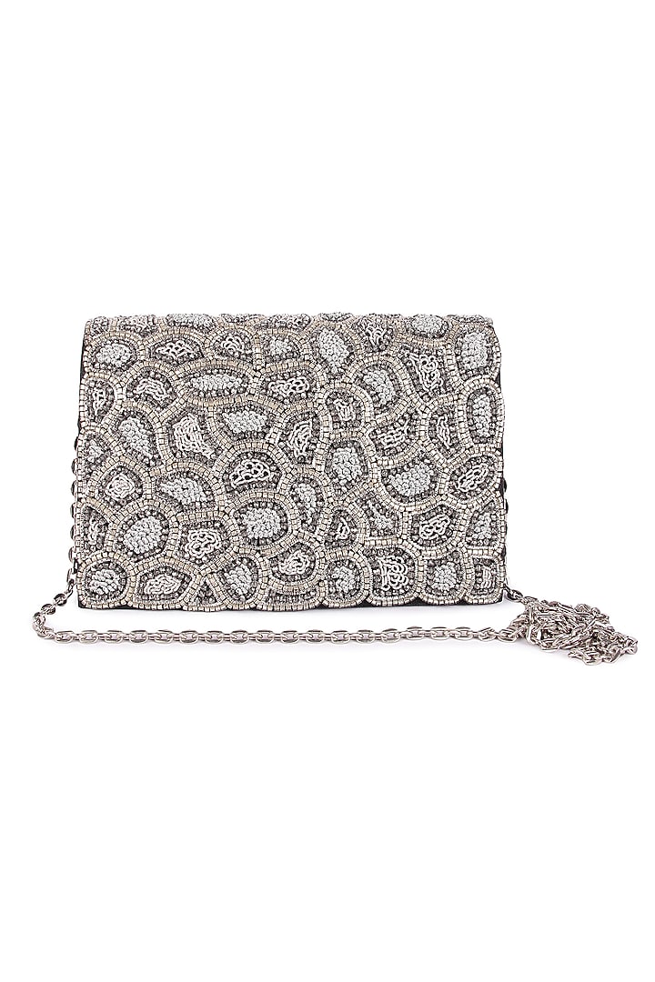 Silver Raw Silk Hand Embroidered Clutch by The Purple Sack at Pernia's Pop Up Shop