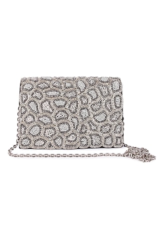 Silver Raw Silk Hand Embroidered Clutch by The Purple Sack