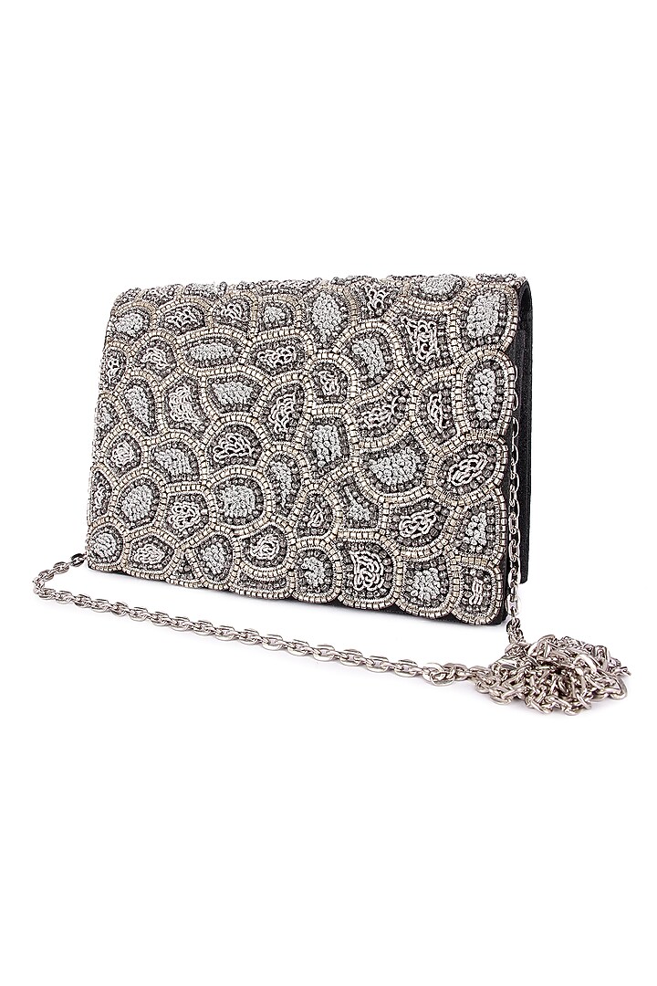 Silver Raw Silk Hand Embroidered Clutch by The Purple Sack at Pernia's Pop Up Shop