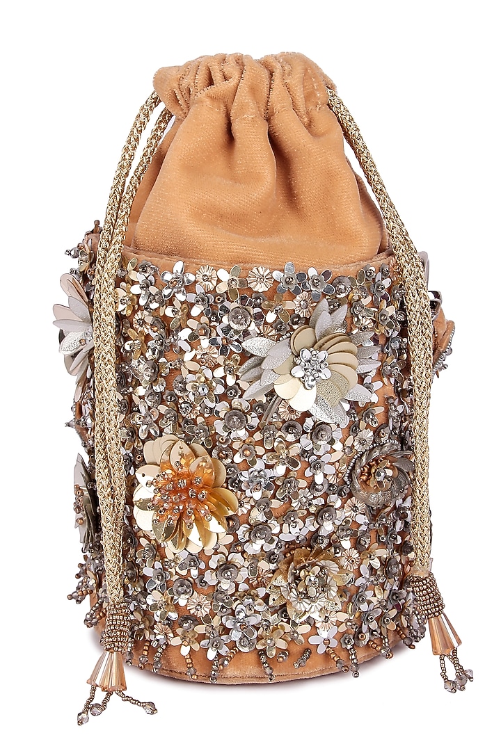 Golden Velvet Hand Embroidered Potli by The Purple Sack at Pernia's Pop Up Shop