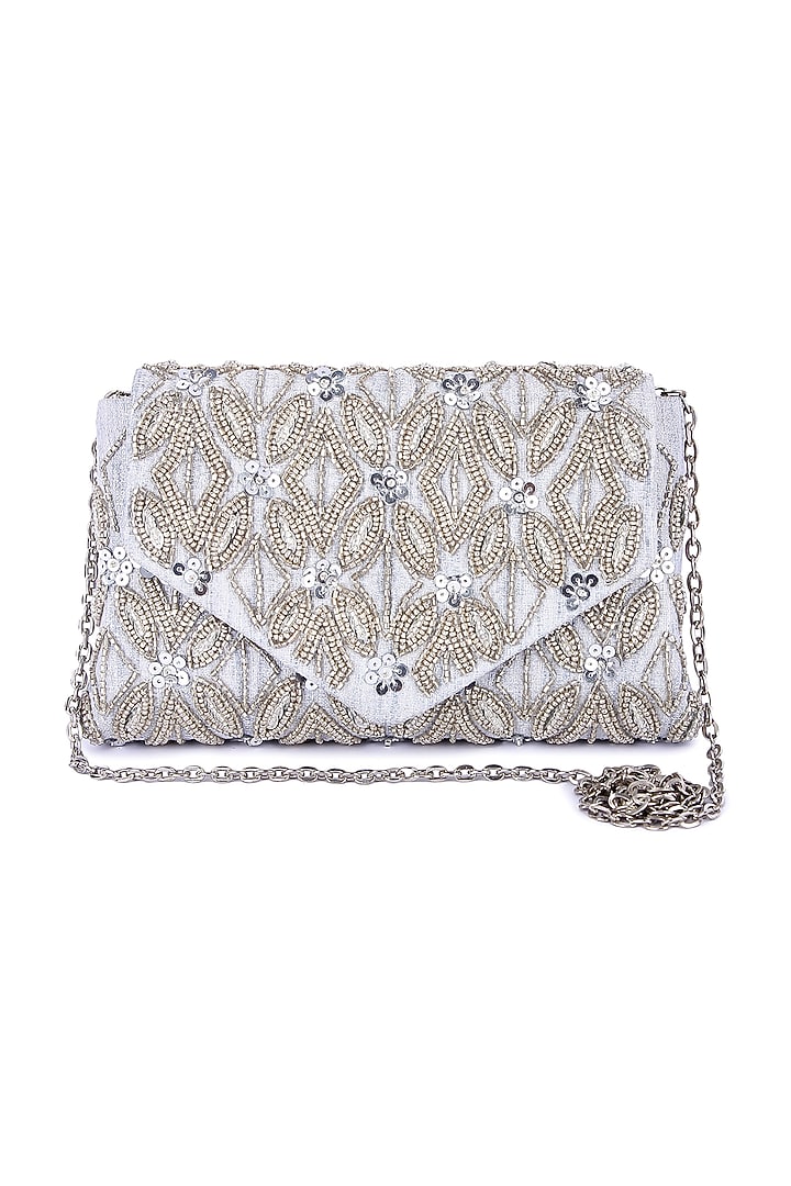 Silver Raw Silk Hand Embroidered Clutch by The Purple Sack at Pernia's Pop Up Shop