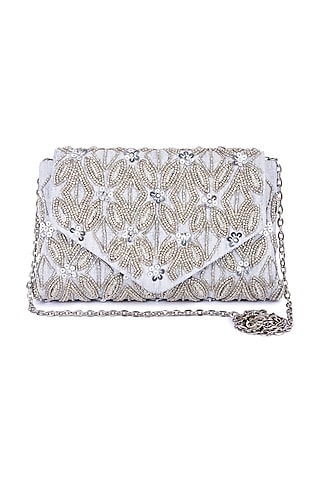 Silver Raw Silk Hand Embroidered Clutch by The Purple Sack