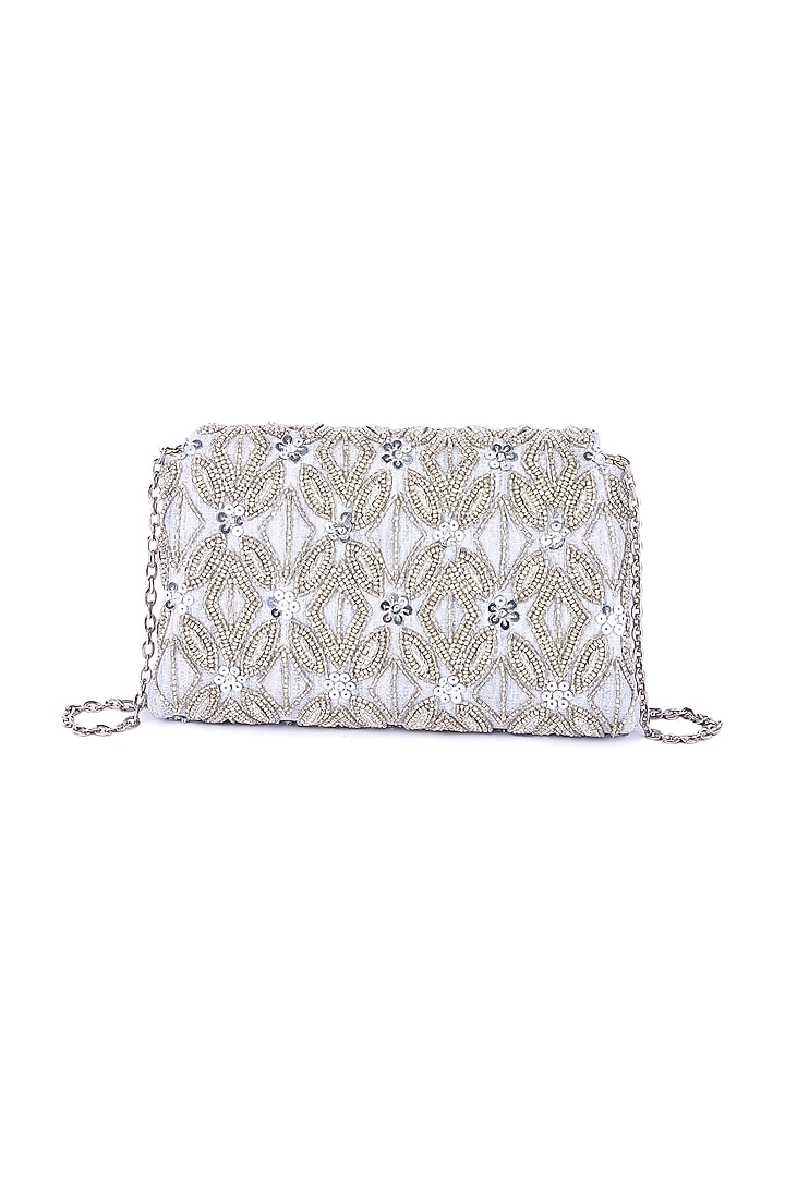 Silver Raw Silk Hand Embroidered Clutch by The Purple Sack at Pernia's Pop Up Shop