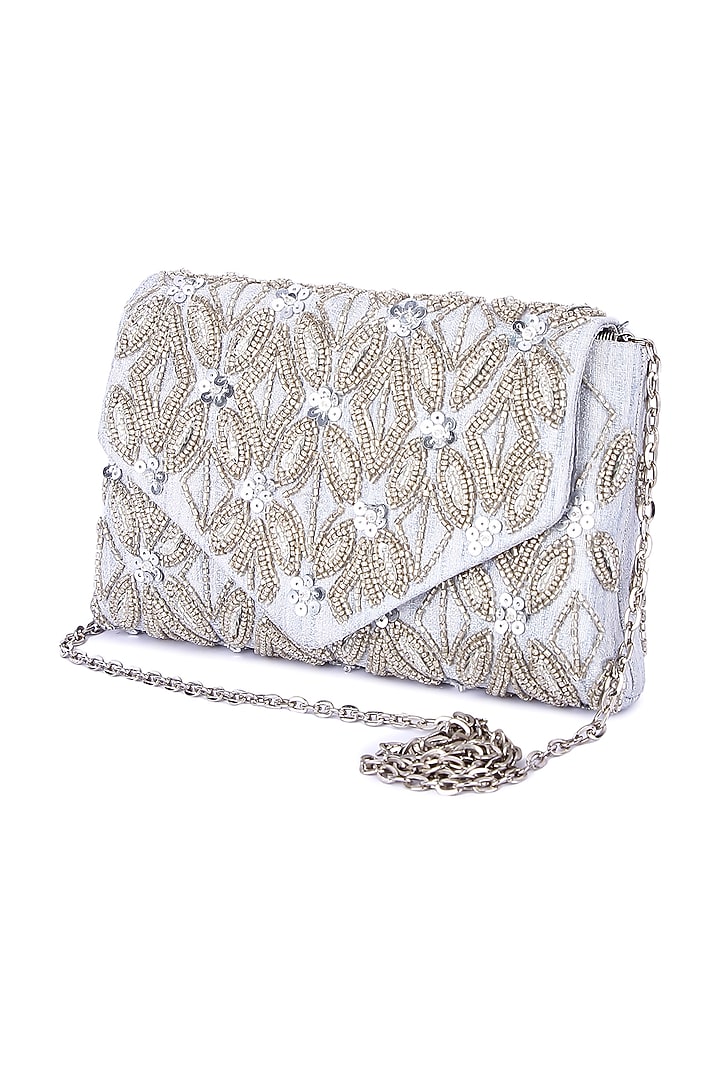 Silver Raw Silk Hand Embroidered Clutch by The Purple Sack at Pernia's Pop Up Shop