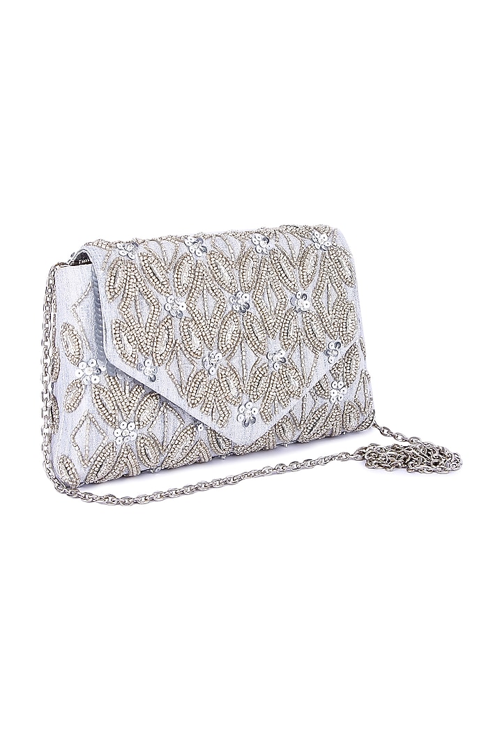 Silver Raw Silk Hand Embroidered Clutch by The Purple Sack at Pernia's Pop Up Shop
