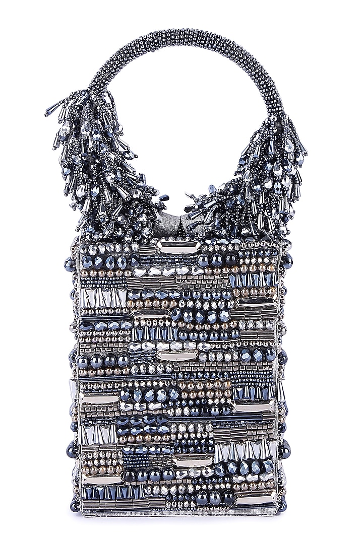 Grey Raw Silk Hand Embroidered Clutch by The Purple Sack at Pernia's Pop Up Shop