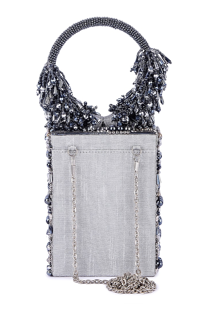 Grey Raw Silk Hand Embroidered Clutch by The Purple Sack at Pernia's Pop Up Shop